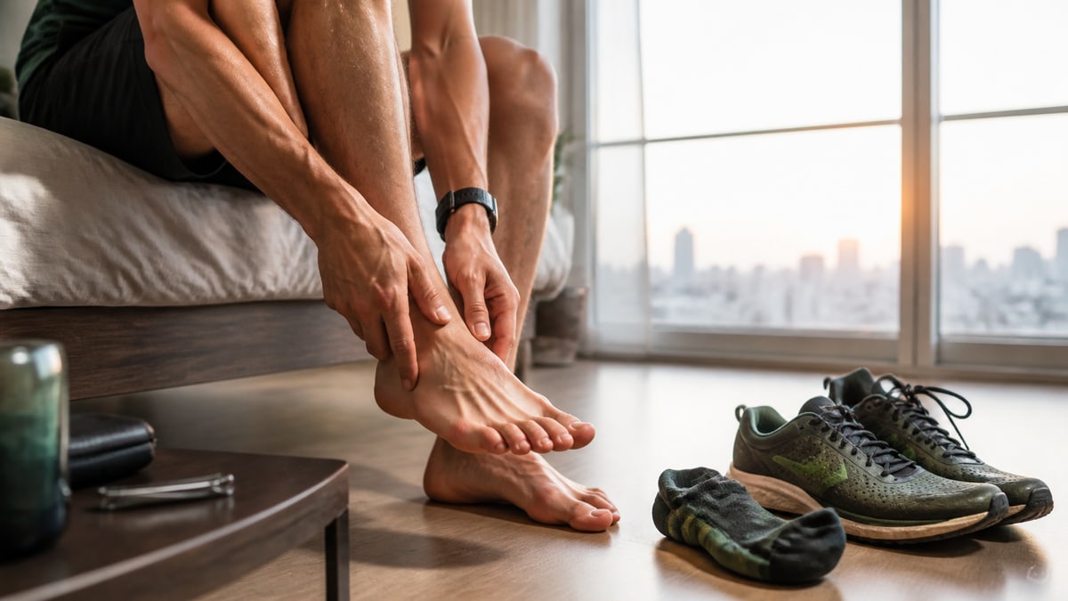 Corredor revisando sus pies junto a sus zapatillas antes del 21K de Buenos Aires